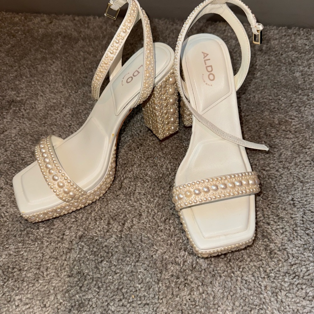 ALDO Elegant Pearl-Studded Cream Heels